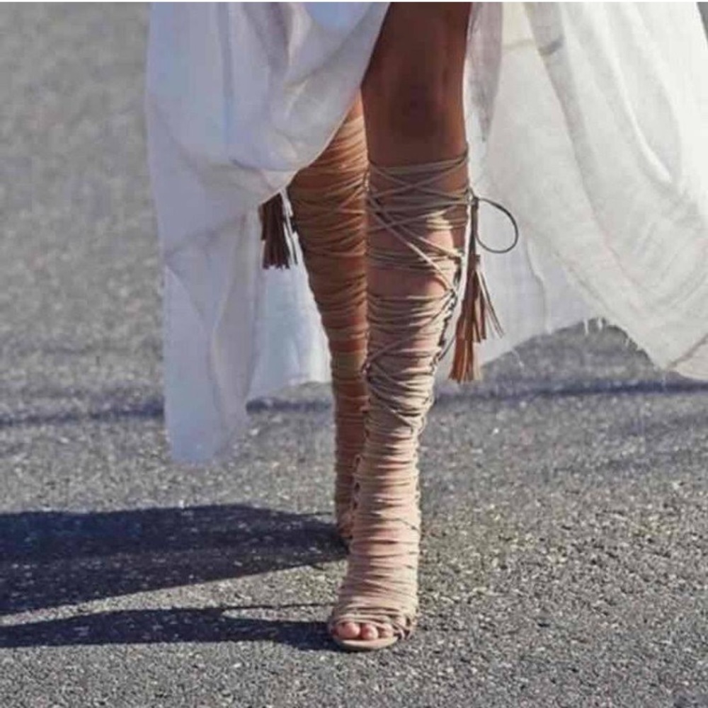 Jeffrey Campbell tan lace up open toe heels - Picture 1 of 4
